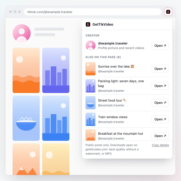 The GetTikVideo popup on a TikTok profile, listing the creator and eight of their posts