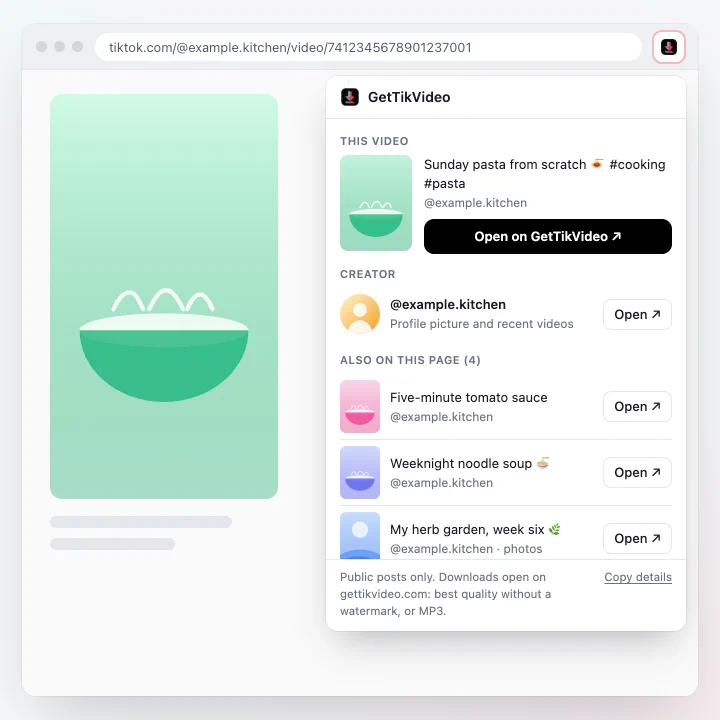 The GetTikVideo popup open on a TikTok video page, listing the video, its creator and four other posts