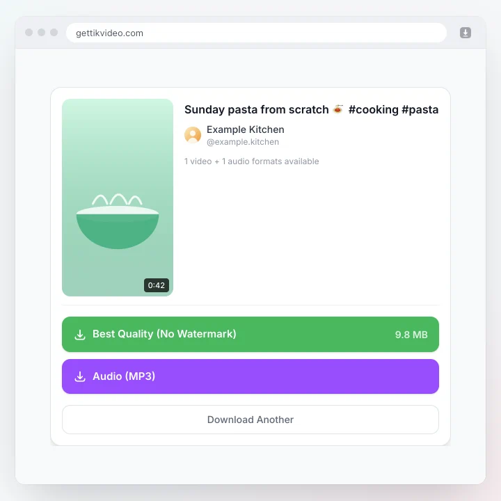 A TikTok video opened on GetTikVideo, with Best Quality (No Watermark) and Audio (MP3) buttons